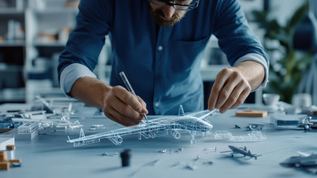An architect is working on a model of a The structure of the fighter plane structure creative digital blue tone neonの素材
