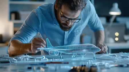 An architect is working on a model of a The structure of the fighter plane structure creative digital blue tone neonの素材