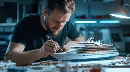 An architect is working on a model of a The structure of the Cruise ship structure creative digital blue tone neonの素材
