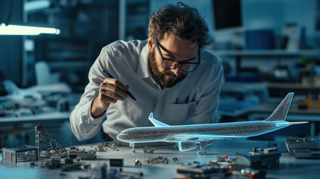 An architect is working on a model of a The structure of the passenger plane structure creative digital blue tone neonの素材