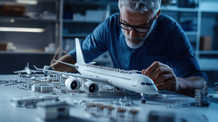 An architect is working on a model of a The structure of the passenger plane structure creative digital blue tone neonの素材
