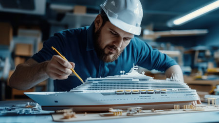 An architect is working on a model of a The structure of the Cruise ship structure creative digital blue tone neonの素材