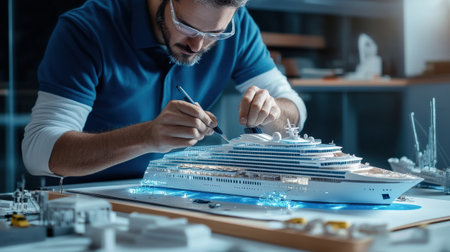 An architect is working on a model of a The structure of the Cruise ship structure creative digital blue tone neonの素材