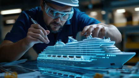 An architect is working on a model of a The structure of the Cruise ship structure creative digital blue tone neonの素材