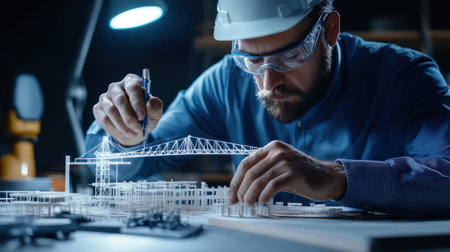 An architect is working on a model of a The structure of the suspension bridge creative digital blue tone neonの素材