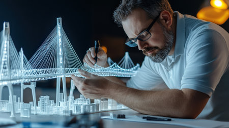 An architect is working on a model of a The structure of the suspension bridge creative digital blue tone neonの素材