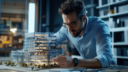 An architect is working on a model of a building skyscraper creative digital blue tone neonの素材