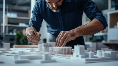 An architect is working on a model of a building skyscraper creative digital blue tone neonの素材