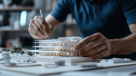 An architect is working on a model of a building skyscraper creative digital blue tone neonの素材