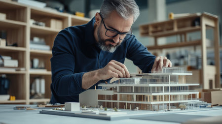 An architect is working on a model of a building skyscraper creative digital blue tone neonの素材