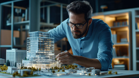 An architect is working on a model of a building skyscraper creative digital blue tone neonの素材