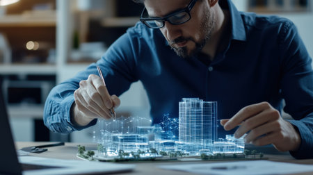 An architect is working on a model of a building skyscraper creative digital blue tone neonの素材