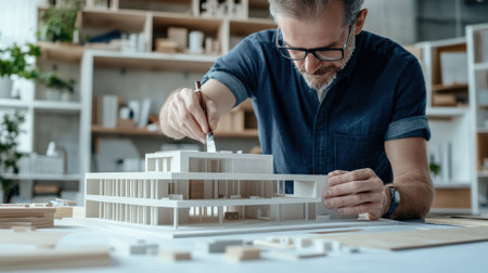 An architect is working on a model of a building creative digital blue tone neonの素材