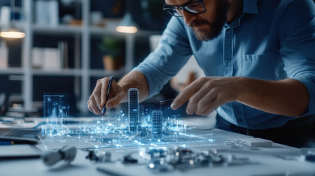 An architect is working on a model of a The structure of the Structure of the solar system structure creative digital blue tone neonの素材