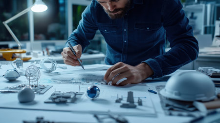 An architect is working on a model of a The structure of the Structure of the solar system structure creative digital blue tone neonの素材