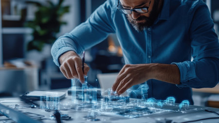 An architect is working on a model of a The structure of the Structure of the solar system structure creative digital blue tone neonの素材