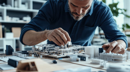 An architect is working on a model of a The structure of the Structure of the solar system structure creative digital blue tone neonの素材