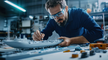 An architect is working on a model of a The structure of the submarine warship structure creative digital green tone neonの素材