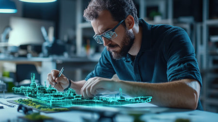 An architect is working on a model of a The structure of the submarine warship structure creative digital green tone neonの素材