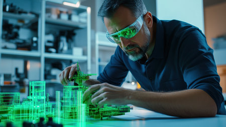 An architect is working on a model of a The structure of the submarine warship structure creative digital green tone neonの素材