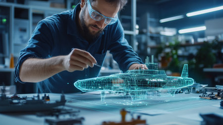 An architect is working on a model of a The structure of the submarine warship structure creative digital green tone neonの素材