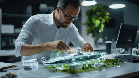 An architect is working on a model of a The structure of the submarine warship structure creative digital green tone neonの素材