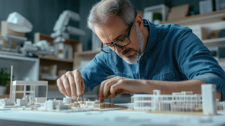 An architect is working on a model of a The structure of the Structure of the solar system structure creative digital blue tone neonの素材