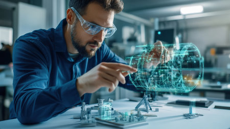 An architect is working on a model of a The structure of the submarine warship structure creative digital green tone neonの素材