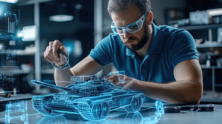 An architect is working on a model of a The structure of the fighter tank structure creative digital green tone neonの素材