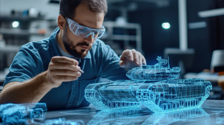 An architect is working on a model of a The structure of the fighter tank structure creative digital green tone neonの素材