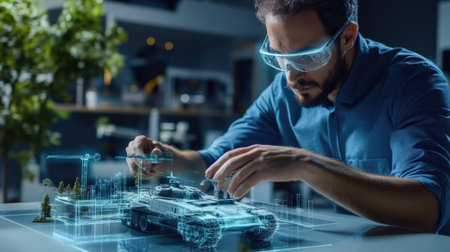 An architect is working on a model of a The structure of the fighter tank structure creative digital green tone neonの素材