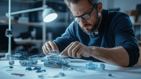 An architect is working on a model of a The structure of the fighter tank structure creative digital green tone neonの素材