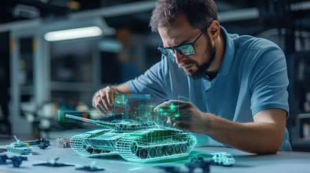 An architect is working on a model of a The structure of the fighter tank structure creative digital green tone neonの素材