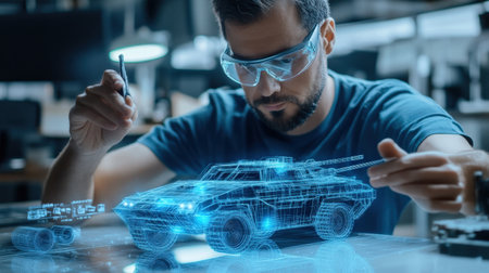 An architect is working on a model of a The structure of the fighter tank structure creative digital green tone neonの素材