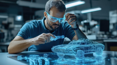 An architect is working on a model of a The structure of the fighter tank structure creative digital green tone neonの素材