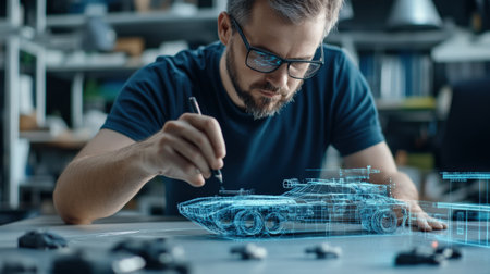 An architect is working on a model of a The structure of the fighter tank structure creative digital green tone neonの素材