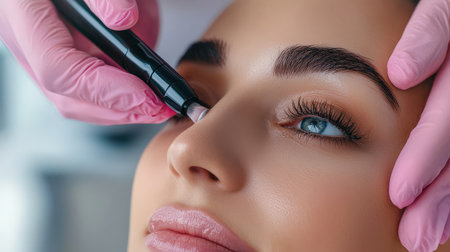 close up A couple Asia receives a relaxing facial Eyebrow enhancement side by side at a high-end beauty clinic.の素材