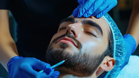 close up A couple Asia receives a relaxing facial Eyebrow enhancement side by side at a high-end beauty clinic.の素材