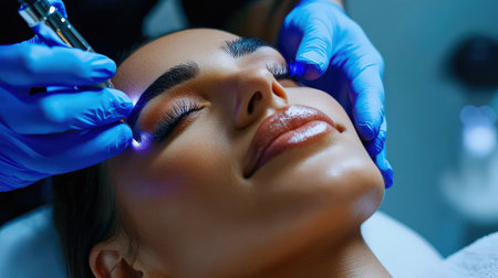 close up A couple Asia receives a relaxing facial Eyebrow enhancement side by side at a high-end beauty clinic.の素材