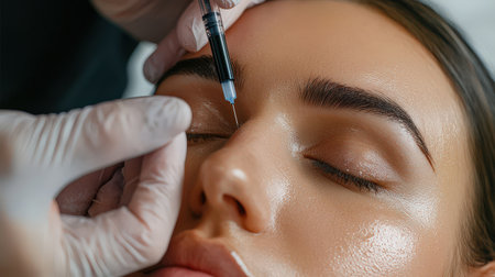 close up A couple receives a relaxing facial Eyebrow enhancement side by side at a high-end beauty clinic.の素材