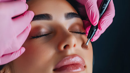 close up A couple receives a relaxing facial Eyebrow enhancement side by side at a high-end beauty clinic.の素材