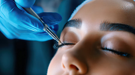 close up A couple receives a relaxing facial Eyebrow enhancement side by side at a high-end beauty clinic.の素材