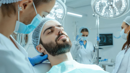 close up A couple receives a relaxing facial hair transplant side by side at a high-end beauty clinic.の素材