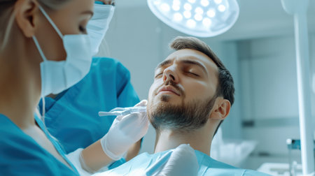 close up A couple receives a relaxing facial hair transplant side by side at a high-end beauty clinic. --ar 16:9 --personalize jaydbm9 --v 6.1 Job ID: 8189b941-ce53-4833-86a6-78c0259e17a8の素材