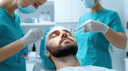 close up A couple receives a relaxing facial hair transplant side by side at a high-end beauty clinic. --ar 16:9 --personalize jaydbm9 --v 6.1 Job ID: 630fe973-c6c9-4c98-a8b0-616348084e57の素材