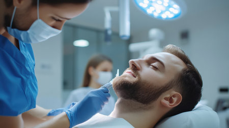 close up A couple receives a relaxing facial hair transplant side by side at a high-end beauty clinic. --ar 16:9 --personalize jaydbm9 --v 6.1 Job ID: 0394644a-410f-4aaf-a72d-7ff6e12fcdb9の素材