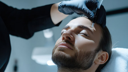 close up A couple receives a relaxing facial Eyebrow enhancement side by side at a high-end beauty clinicの素材
