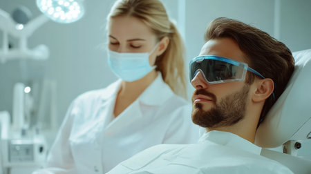 close up A couple receives a relaxing facial hair transplant side by side at a high-end beauty clinic.の素材
