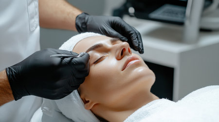 close up A couple receives a relaxing facial Eyebrow enhancement side by side at a high-end beauty clinicの素材