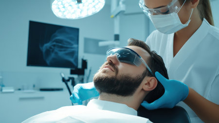 close up A couple receives a relaxing facial hair transplant side by side at a high-end beauty clinic.の素材